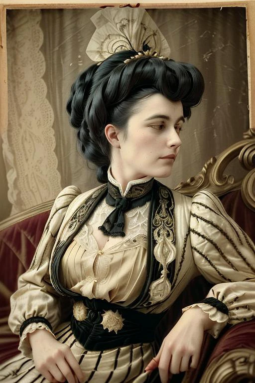 closeup vintage photo of a beautiful woman wearing a black and white layered velvet dress, with jacket with appliques on the bust and lace cuffs,seated on a couch drinking wine <lora:1905_dress_v1:1> 1905_dr3ss