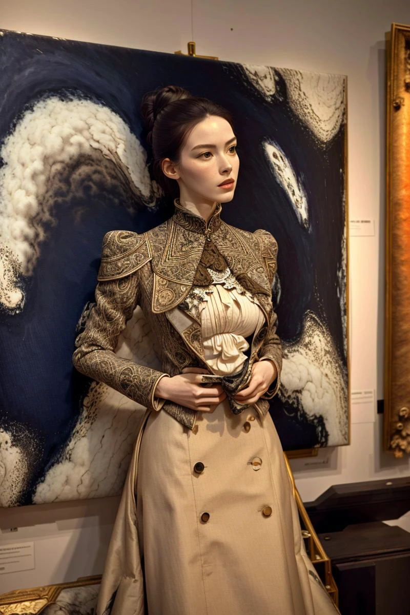 from above, medium shot, cowboy shot of a tall, extremely beautiful slender woman wearing a tight-fitting, detailed fabric, high-neck wool and silk dress, jacket, skirt, full bust, (big breasts:1.3), small waist, big ass, detailed face, hair in bun, looking at a gigantic canvas in an abstract expressionist art show at a galleryat the World's Fair in Paris in 1899 <lora:1890_dress_v1:1> 1890_dr3ss