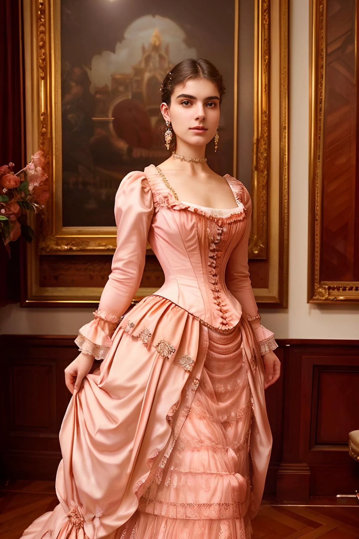 Photo of a beautiful 18 year old Italian woman, earrings, rich, wearing peach 1880_dr3ss day dress in a Victorian parlor <lora:1880_dress_v1:.8> <lora:breastsizeslideroffset:-.4>