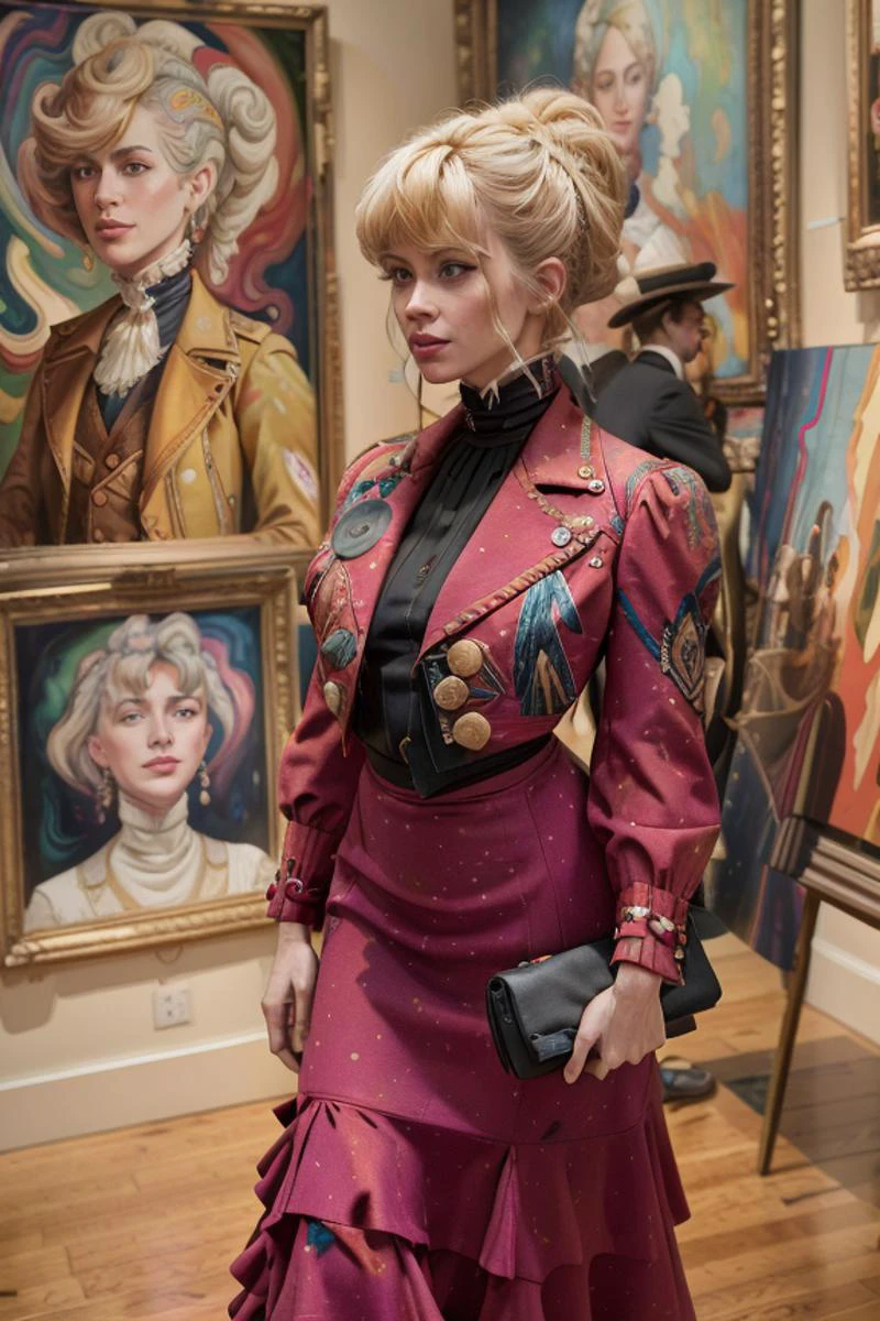 from above, cowboy shot of b3linda_n0texist wearing a tight-fitting, detailed, high-neck wool and silk dress, jacket, skirt, detailed face, hair in bun, looking at a gigantic canvas in an abstract expressionist art show at a gallery at the World's Fair 1905 <lora:1905_dress_v1:1> 1905_dr3ss