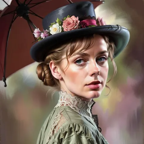 closeup from front, (looking at viewer:1.1), full color photo, looking at viewer, StacyHiggins wearing a , tight jacket and skirt, runched lace blouse, breasts, ,detailed face, hair in bun, bright eyes, , holding an umbrella, hat, in a Victorian opium den <lora:1900_dress_v2:0.7> 1900_dr3ss , femme fatale