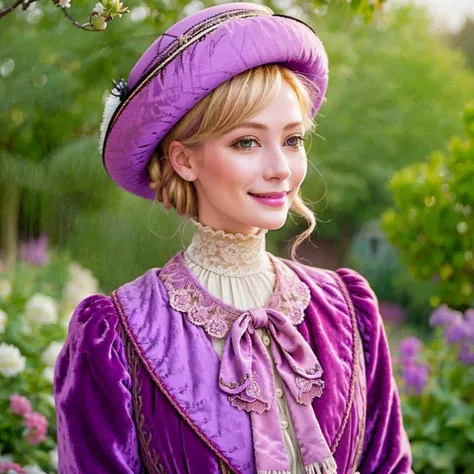 closeup drawing of shapely blonde woman, long neck, (looking at viewer), achingly beautiful, wearing a detailed, high-neck lilac and burnt umber velvet and silk jacket, skirt, white silk pleated blouse, cords, hat, detailed face, big breasts, huge bust, makeup, hair in bun, having a glass of sherry in the garden , smile:0.4 <lora:JnTrp:0.5> JnTrp, vivid colors <lora:1910_dress_v1:1> 1910_dr3ss