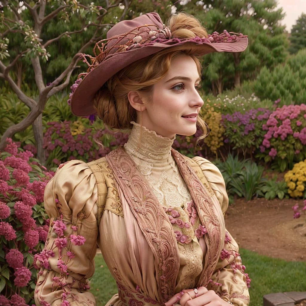 closeup drawing  of shapely blonde woman,  long neck, (looking at viewer), achingly beautiful,  wearing a detailed, gallo-etruscan design,  high-neck lilac and burnt umber velvet and silk jacket, skirt, white silk pleated blouse, cords, [hat], detailed face, big breasts, huge bust, makeup, hair in bun, having a glass of sherry in the garden <lora:1905_dress_v1:1> 1905_dr3ss, smile:0.4 <lora:JnTrp:0.5> JnTrp, vivid colors