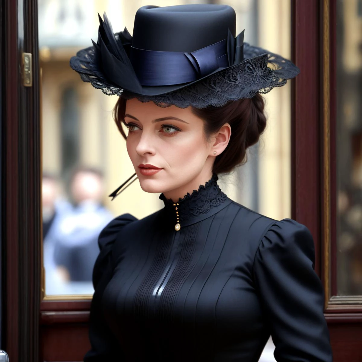 masterpiece, uhd, sharp color photo of a beautiful woman wearing a high-neck layered black dress, with a hat on, flirting with men at a Parisian cafe <lora:1890_dress_v1:1> 1890_dr3ss