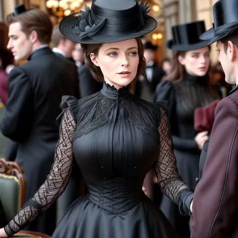 masterpiece, uhd, sharp color photo of a beautiful woman wearing a high-neck layered black dress, with a hat on, flirting with men at a Parisian cafe <lora:1890_dress_v1:1> 1890_dr3ss