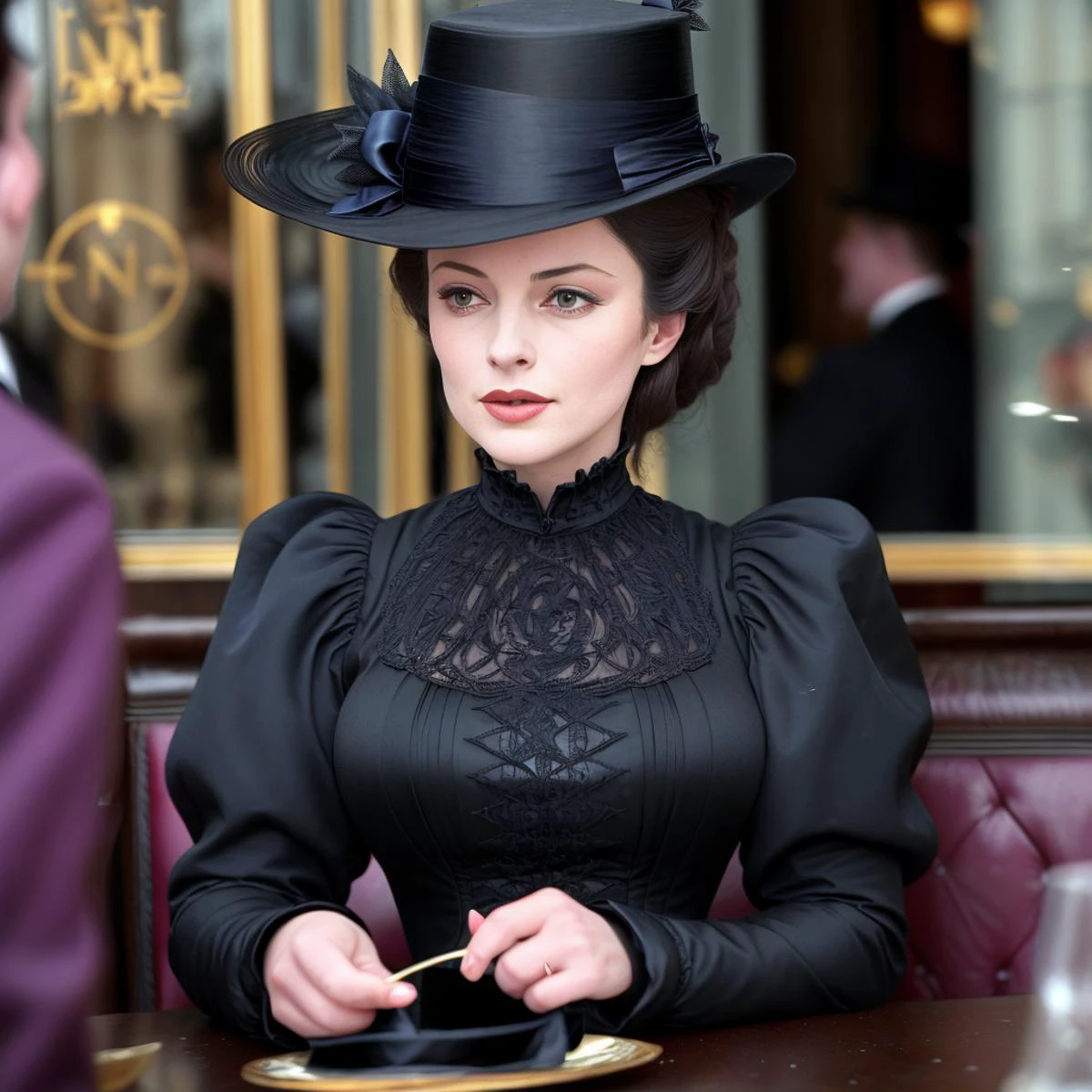 masterpiece, uhd, sharp color photo of a beautiful woman wearing a high-neck layered black dress, with a hat on, flirting with men at a Parisian cafe <lora:1890_dress_v1:1> 1890_dr3ss