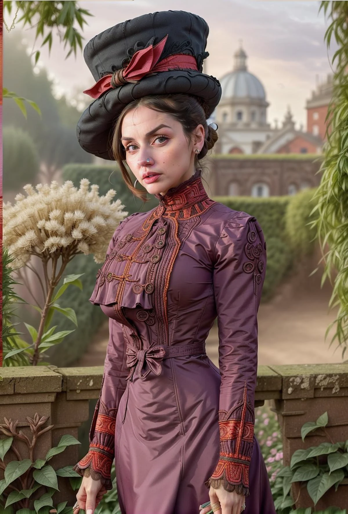 closeup from front, (looking at viewer:1.1), full color photo, looking at viewer,, woman:AnaD wearing a skintight dress, jacket, skirt,blouse, big breasts, huge bust, detailed face, hair in bun, bright eyes, holding an umbella, hat, in a victorian garden <lora:1900_dress_v2:1> 1900_dr3ss