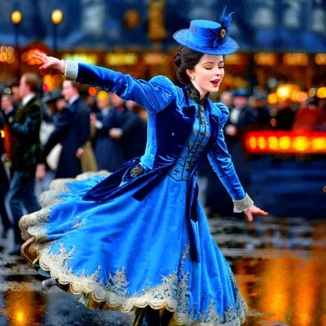 extreme detail, action shot, night, dynamic pose, dynamic angle, depth of field, wide angle shot, sharp, realistic, analog, elegant woman wearing a layered blue and black velvet and lace dress and velvet jacket with a tiny hat on, dancing in the rain at the world's fair, (crowd in background), electric lights rainy streets, reflections),
<lora:1890_dress_v1:1> 1890_dr3ss