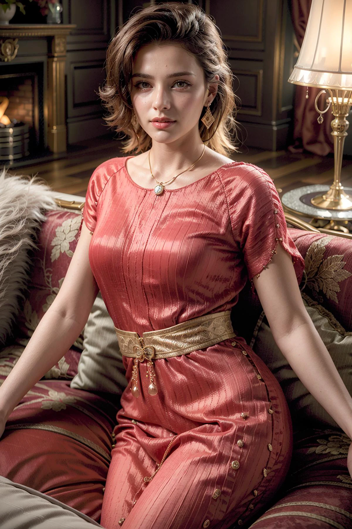 (realistic:1.3), finely detailed, quality, rembrandt lighting, (masterpiece:1.2), (photorealistic:1.2), (best quality), (detailed skin:1.3), (intricate details), dramatic, ray tracing, 1girl, french girl, 21 years old, detailed skin texture, (blush:0.5), (goosebumps:0.5), subsurface scattering, smiling, medium breasts, blonde hair, hair ornament, necklace, fortuny dress, cowboy shot, lying on sofa, (indoors, vintage aristocrat mansion, living room, cocktail party, luxurious decorations, warm lighting), <lora:1907_Fortuny_v2:1>