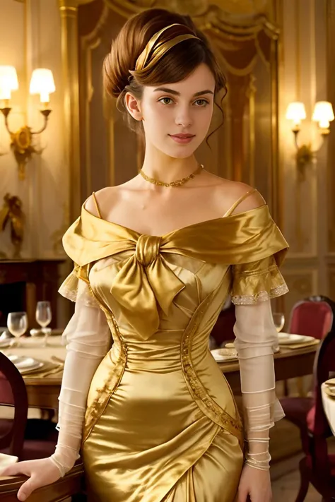 Photo of a French woman, age 18, hair in a bun, wearinggold 1910_dr3ss, dress, hat, in a luxurious turn of the century dining room <lora:1910_dress_v1:.8>