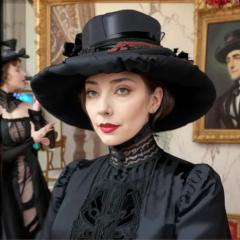 masterpiece, uhd, sharp color photo of a beautiful woman wearing a high-neck layered black dress, with a hat on, flirting with men at a Parisian cafe <lora:1900_dress_v2:1> 1900_dr3ss