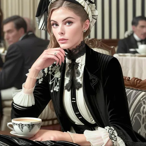 vintage photo of a c4rmr0se wearing a small hat and a black and white layered velvet dress, jacket with appliques on the bust and lace cuffs,seated at a cafe drinking wine with men <lora:1910_dress_v1:1> 1910_dr3ss
<lora:age_slider_v20:2>