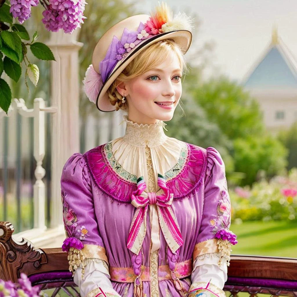 watercolor and ink painting of upper body of shapely blonde woman, long neck, (looking at viewer), achingly beautiful, wearing a detailed, Egyption design, lilac and mahogany velvet and silk jacket, skirt, white silk pleated blouse, cords, hat, detailed face, big breasts, huge bust, makeup, hair in bun, having a glass of sherry in the garden , smile:0.4 <lora:JnTrp:0.5> JnTrp, vivid colors <lora:1910_dress_v1:1> 1910_dr3ss