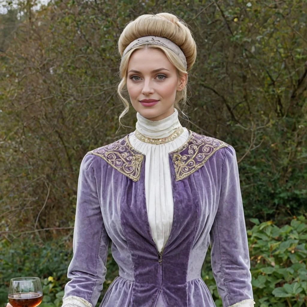 closeup drawing of shapely blonde woman, long neck, (looking at viewer), achingly beautiful, wearing an intricate, high-neck lilac and burnt umber velvet and silk jacket, skirt, white silk pleated blouse, cords, hat, detailed face, big breasts, makeup, updo, having a glass of sherry in the garden , smile:0.4<lora:1910_Dress_XL:1> 1910_dr3ss