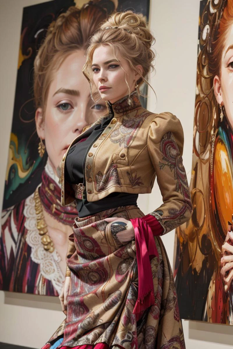 from above, cowboy shot of a tall, extremely beautiful woman wearing a tight-fitting, detailed fabric, high-neck wool and silk dress, jacket, skirt, huge bust, (big breasts:1.3), small waist,detailed face, hair in bun, looking at a gigantic canvas in an abstract expressionist art show at a gallery at the World's Fair 1905 <lora:1905_dress_v1:1> 1905_dr3ss