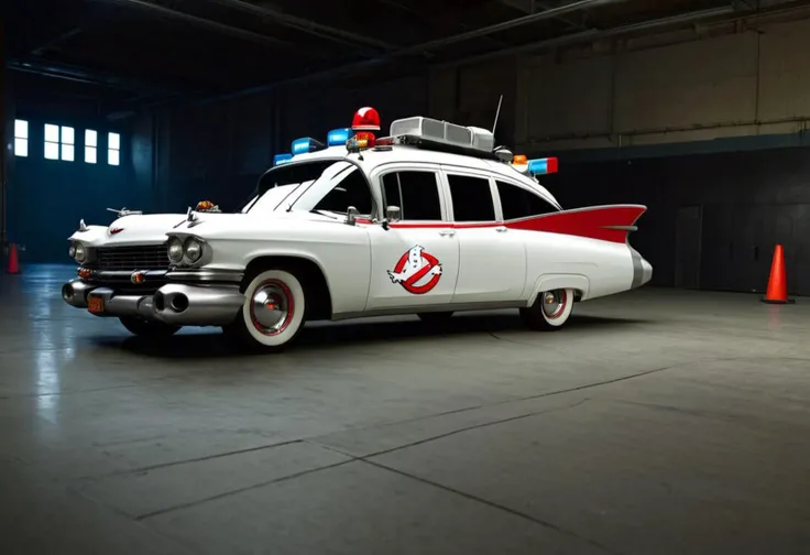 a photo of a studio lighting lit ecto_1 on a racetrack in futuristic New York City, white with red fenders and fins, vehicle focus, side view, low-key, beautiful, science fiction, best quality high resolution, beautiful, highest quality, masterpiece, highly detailed, best studio lighting, volumetric lighting, global illumination, highly detailed, sharp focus,