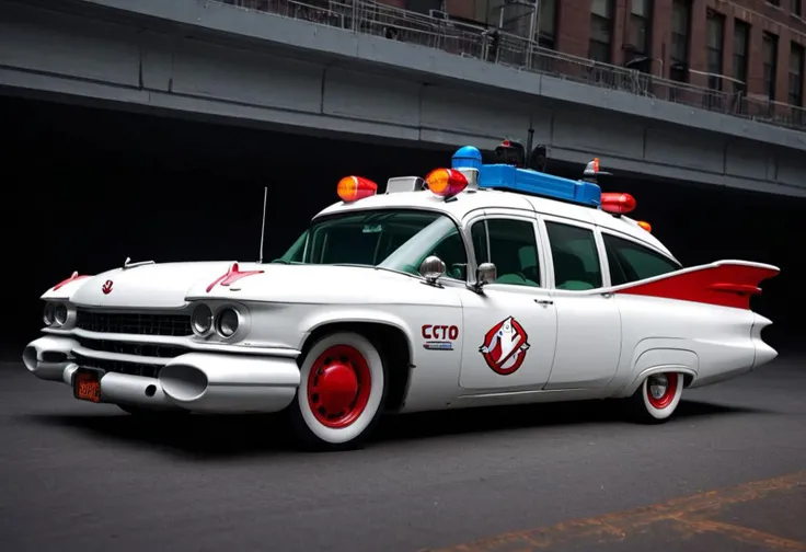 a photo of a studio lighting lit ecto_1 on a racetrack in futuristic New York City, white with red fenders and fins, vehicle focus, side view, low-key, beautiful, science fiction, best quality high resolution, beautiful, highest quality, masterpiece, highly detailed, best studio lighting, volumetric lighting, global illumination, highly detailed, sharp focus,