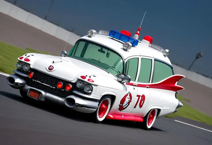 a photo of a studio lighting lit ecto_1 on a racetrack in futuristic New York City, white with red fenders and fins, vehicle focus, side view, low-key, beautiful, science fiction, best quality high resolution, beautiful, highest quality, masterpiece, highly detailed, best studio lighting, volumetric lighting, global illumination, highly detailed, sharp focus,