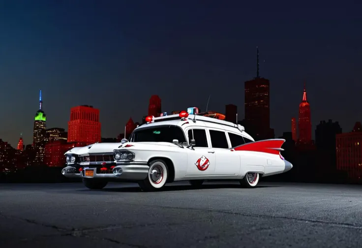 a photo of a studio lighting lit ecto_1 on a racetrack in futuristic New York City, white with red fenders and fins, vehicle focus, side view, low-key, beautiful, science fiction, best quality high resolution, beautiful, highest quality, masterpiece, highly detailed, best studio lighting, volumetric lighting, global illumination, highly detailed, sharp focus,