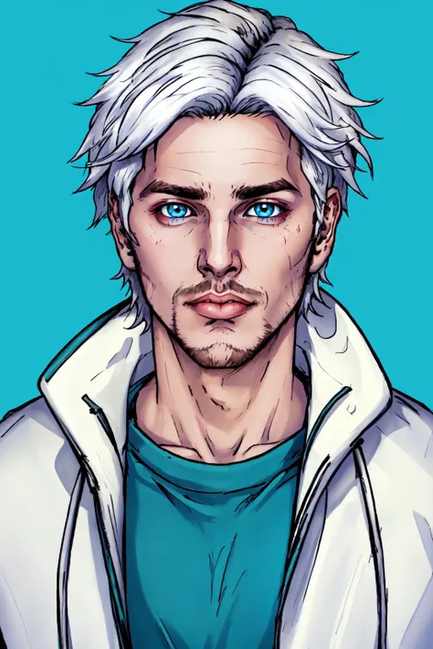 solo, 1boy, male focus, blue eyes, white hair, stubble, facial hair, blue background, looking at viewer, lips, jacket, hyur,specular highlights