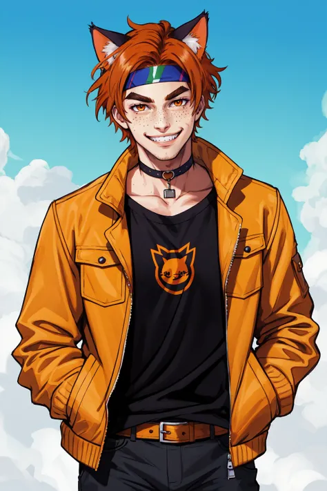 cat ears, 1boy, male focus, solo, smile, orange eyes, freckles, auburn hair, thick eyebrows, looking at viewer, choker, headband, grin, jacket