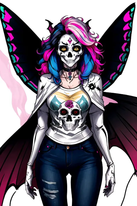 ((demonic, calavera, sugar skull makeup, exo skeleton, moth wings, wings, kawaii horror, poltergeist moth)), 1girl, ((two tone hair, multicolored hair, pink hair, blue hair, white streaks, yellow streaks, wild hair, curly hair)), (zentangle, mandala, tangle, chaos, disorder, spider webs, entangle:0.6), curly hair , wild hair, yellow eyes ,yellow choker necklace, white tshirt, jeans, denim jacket, eye symbol, black leggings , demonic moth , spider webs, wet , wet clothes, vampire teeth , black cape , roses, lillies, lily of the valley, cyberpunk, fantasy, full-face blush, human fingers , city background , flying, white body paint , cyberpunk background , wires, electrical wires, top , black skirt , black shirt,