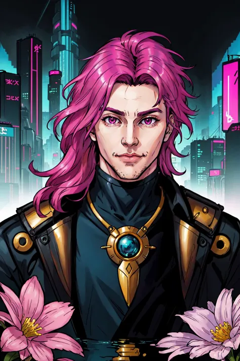 a character with big hair in the water, in the style of colorful fantasy realism, cyberpunk manga, handsome, light bronze and magenta, flowerpunk, cabincore