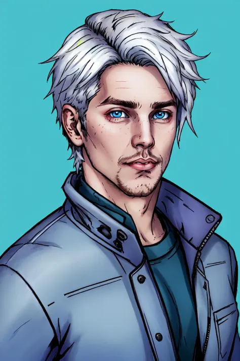 solo, 1boy, male focus, blue eyes, white hair, stubble, facial hair, blue background, looking at viewer, lips, jacket, hyur,specular highlights