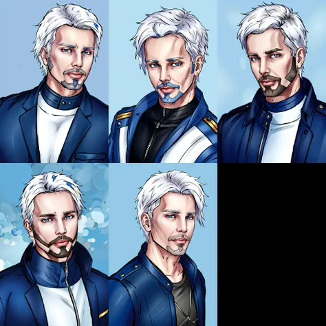 realistic, solo, 1boy, male focus, blue eyes, white hair, stubble, facial hair, blue background, looking at viewer, lips, jacket, hyur,specular highlights