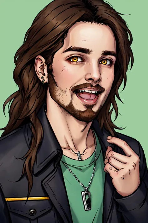 1boy, solo, male focus, facial hair, looking at viewer, simple background, jacket, upper body, jewelry, long hair, hand up, necklace, green background, black jacket, yellow eyes, black hair, smile, brown hair, shirt, beard, parody, open mouth, \m/  ProfessionalDetail