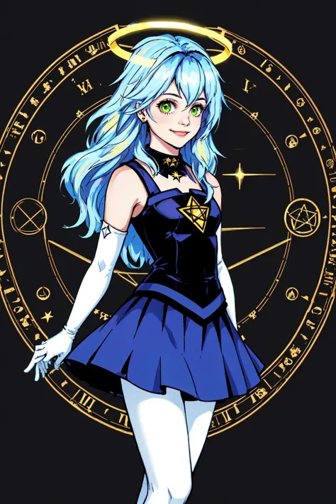 ((Masterpiece, best_quality, complex_details, wallpaper)), BREAK, ( An pentagram magic circle clock-shaped halo above the head : 1.1), ( pentagram magic circle ), ( reflection light, sparkle :1.1), silhouette, paper cutout, BREAK, (1 girl , solo, sidelocks ), ( : (long messy :0.9524)(white|blue:0.907)( hair) :0.5:0.9524), (expressionless: smile: 0.35:0.9524), (yellow eyes : green eyes : 0.4:0.9524), small breasts, ( black off-shoulder strapless skirt, cocktail skirt : : 0.5:0.9524), sleeveless, close-fitting, ( : white elbow gloves, white pantyhose, : 0.5 :0.9524)