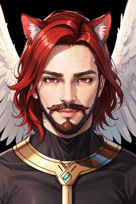 Realism, (masterpiece, best quality, ultra-detailed, highres, best illustration),perfect face, ((solo, solo focus)),sidelighting, lustrous skin,(bloom), (shine), ray tracing,solo,solo,animal ears, 1boy, solo, male focus, facial hair,red eyes , looking at viewer, beard, red hair, mustache, wings, lips,cat ears,depth_of_field,very detailed background,extreme light and shadow,(detailed eyes), (beautiful) beautiful detailed eyes, perfect lighting , perfect anatomy,(extremely detailed illustrated 8k wallpaper),(masterpiece), (best quality), (ultra-detailed), (best illustration),(best shadow) , vivid colors, <lora:Realism:0.7>