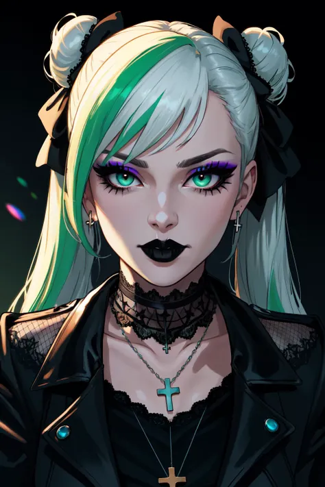 masterpiece, best quality, 1girl, solo, long hair, twin tails, hair buns, multicolored hair,two-tone hair, white hair, green hair, black hair,bangs, makeup, black lips, lipstick, mascara, eyeshadow, cross necklace, hair bow, front bow, lace jacket, lace gloves, fishnets, black leggings, gothic attire, dynamic angle, side lighting, shiny skin, detailed eyes, detailed face,
 Earth-QualityPos  BodyPositive