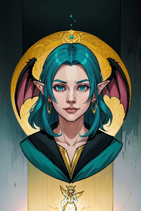 Beautiful Very Very Beautiful History Painting of a an anime girl with feather wings holding a ring, in the style of light turquoise and light gold, simplified and stylized portraits, undefined anatomy, goblin academia, detailed facial features, 2d game art, 15th century, except it's someone with multiple personality disorder, and is extremely dissociated, dazed, confused with background indoors , cinematic 4k 8k highly detailed trending artstation Symmetrical Macabre at night