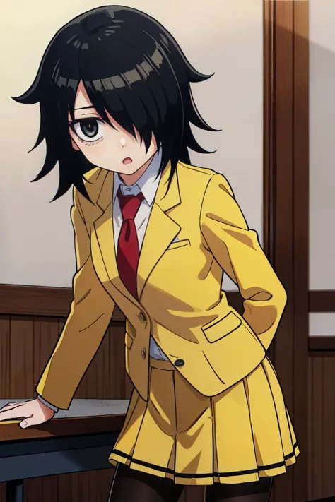 (best quality, masterpiece, RAW photo,ultra-detailed:1.2), <lyco:GoodHands-beta2:1.0>,1girl,solo,looking at viewer, :o, (hair over one eye:1.2),
bags under eyes, watamote, tomoko, school uniform, yellow jacket, tie, white shirt, red tie uder jacket, black hair,yellow skirt,Black pantyhose stocking,<lyco:tomoko_kuroki-09:0.6> , high school,