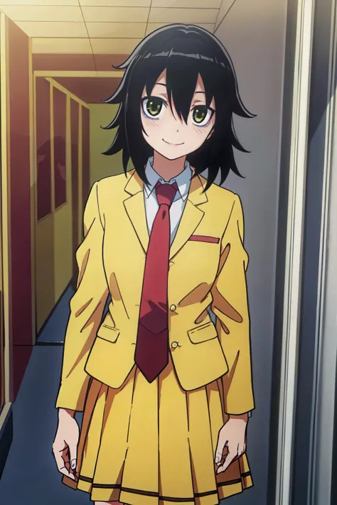 (best quality, masterpiece, RAW photo,ultra-detailed:1.2), <lyco:GoodHands-beta2:1.0>,1girl,solo,looking at viewer, smile,
bags under eyes, watamote, tomoko, school uniform, yellow jacket, tie, long yellow skirt, red tie, <lyco:tomoko_kuroki-09:0.7>