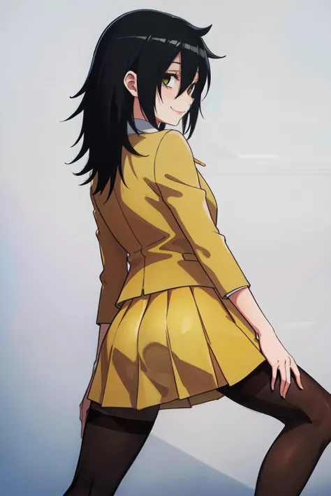 (best quality, masterpiece, RAW photo,ultra-detailed:1.2), <lyco:GoodHands-beta2:1.0>,1girl,solo,looking at viewer, smile, (hair over right eye:1.2),
bags under eyes, watamote, tomoko, school uniform, yellow jacket, tie, white shirt, red tie uder jacket, black hair,yellow skirt,(Black pantyhose stocking:1.2),<lyco:tomoko_kuroki-09:0.6> from below, high school,
ass fucus, from behind, back view, spread legs,underbutt,back of head,standing,