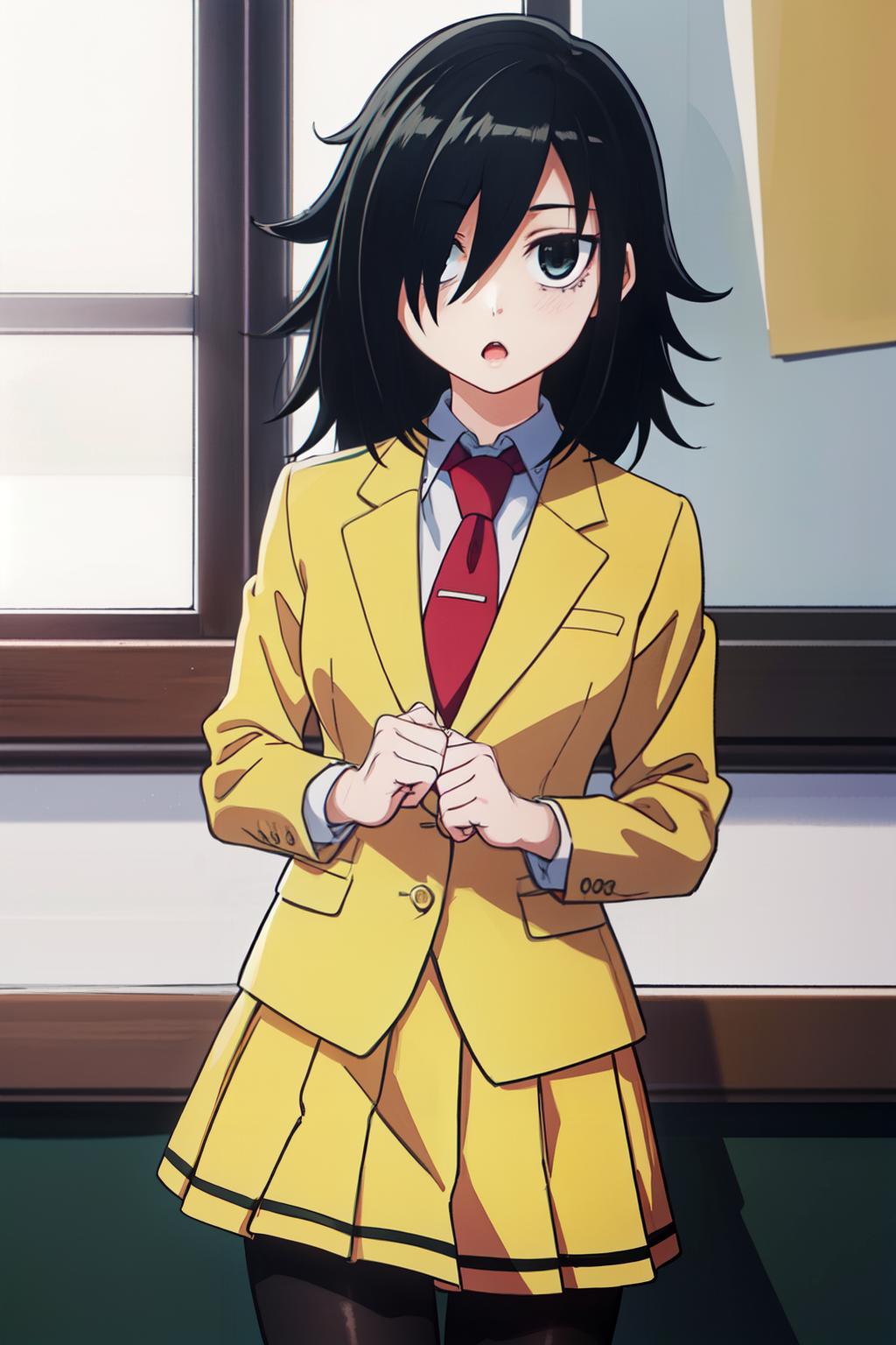 Anime girl in yellow jacket and red tie standing in front of a window ...