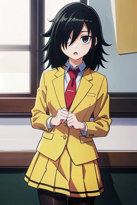 (best quality, masterpiece, RAW photo,ultra-detailed:1.2), <lyco:GoodHands-beta2:1.0>,1girl,solo,looking at viewer, :o, (hair over right eye:1.2), 
bags under eyes, watamote, tomoko, school uniform, yellow jacket, tie, white shirt, red tie uder jacket, black hair,yellow skirt,Black pantyhose stocking,<lyco:tomoko_kuroki-09:0.6> , high school,