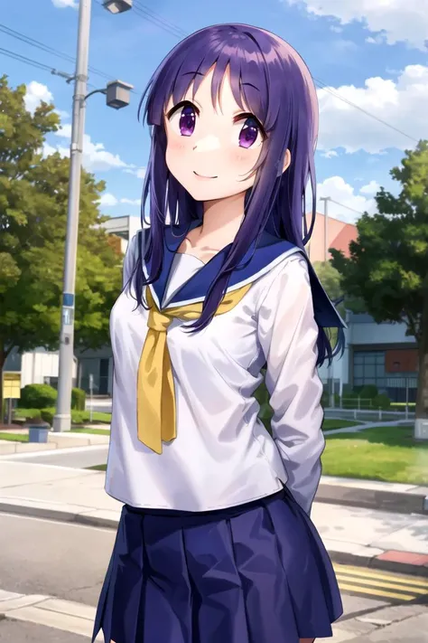 masterpiece, best quality, 1girl, <lyco:Yukari-000007:1.0>, hinata yukari, serafuku, sailor collar, neckerchief, skirt, crossed arms, outdoors, arms behind back, smile, looking at viewer