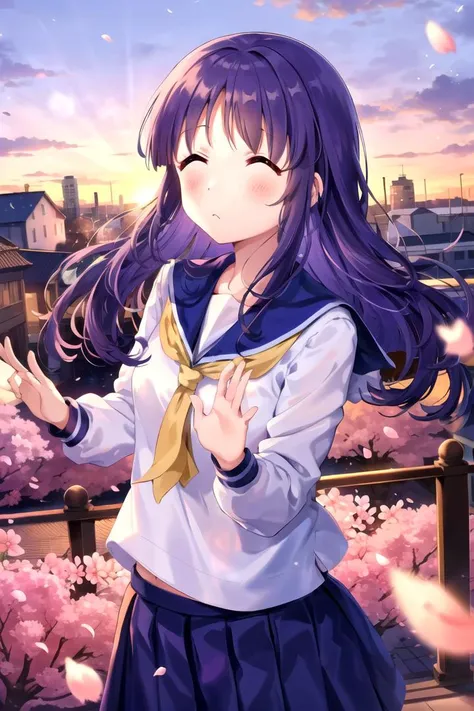 masterpiece, best quality, 1girl, <lyco:Yukari-000007:1.0>, hinata yukari, serafuku, sailor collar, neckerchief, skirt, closed eyes, sunset, lens flare, retro townscape, blush, cherry blossom, floating petals
