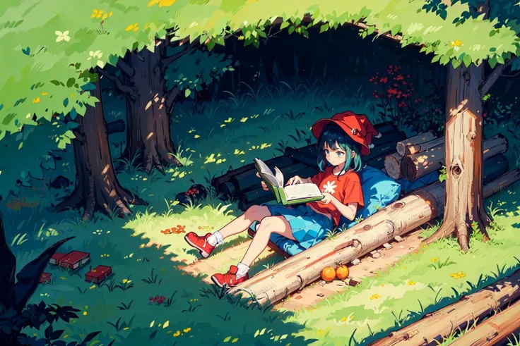 (((minimalist lines))),A 9-year-old girl in a red hat, detailed face, sitting on a big rock, reading a book, a simple log cabin, the sun shines on the roof through the forest, on the grass, warm colors