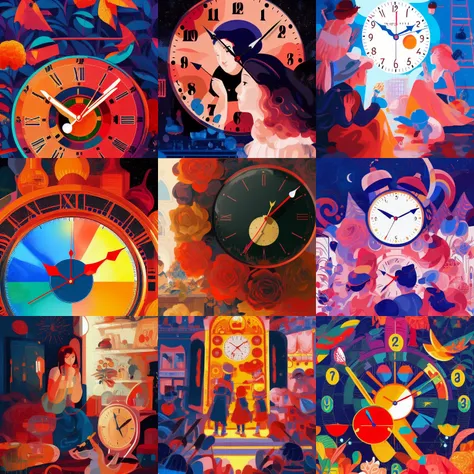 (masterpiece), (best quality), the clock stopped ticking forever ago, Triadic Color Scheme, HD, illustration style kurzgesagtish