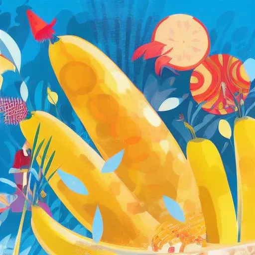 illustration style kurzgesagtish, big long yellow single banana in the center of the plate