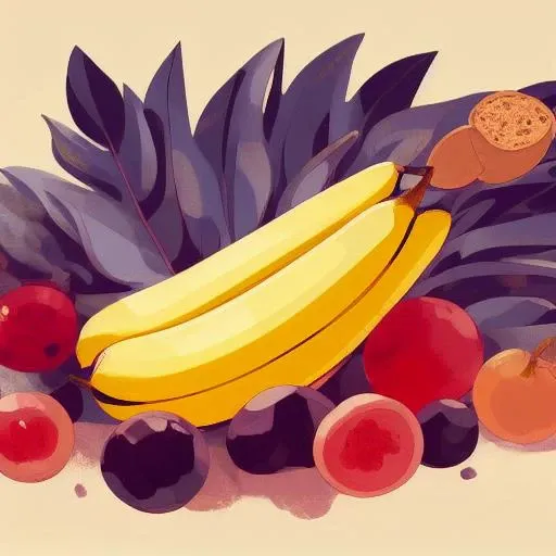 illustration style kurzgesagtish, big long yellow single banana fruit ((in the center)) on the (round) plate
