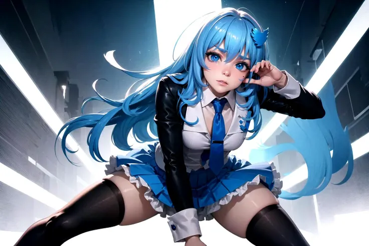 (detailed face and eyes:1.3),<lora:twitterchan-nvwls-v1:0.7> twitter-chan,hair ornament,white shirt,black long-sleeve shirt,layered sleeves,necktie,blue skirt,black thighhighs,1girl,Ultra-detail,(highres:1.1),best quality,(masterpiece:1.3),cinematic lighting,,highly detailed hands clenched hands:1.4,Balancing Pose:1.2