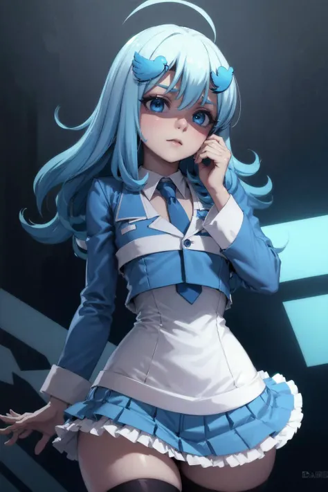 <lora:twitterchan-nvwls-v1:1> twitter-chan, hair ornament, white shirt, black long-sleeve shirt, layered sleeves, necktie, blue skirt, black thighhighs,
(detailed face and eyes:1.3),1girl,Ultra-detail,(highres:1.1),best quality,(masterpiece:1.3),cinematic lighting