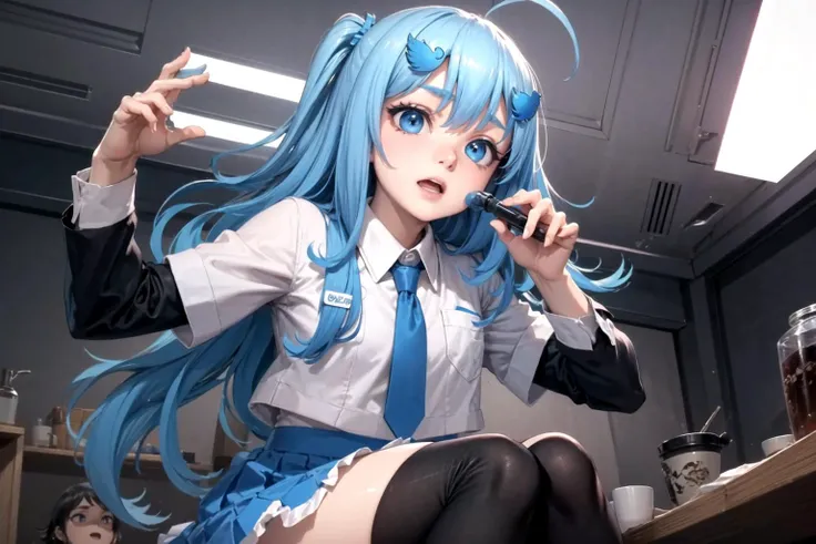 (detailed face and eyes:1.3),<lora:twitterchan-nvwls-v1:0.7> twitter-chan,hair ornament,white shirt,black long-sleeve shirt,layered sleeves,necktie,blue skirt,black thighhighs,1girl,Ultra-detail,(highres:1.1),best quality,(masterpiece:1.3),cinematic lighting,(talking:1.4), (open mouth:1.2),