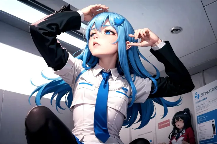 (detailed face and eyes:1.3),<lora:twitterchan-nvwls-v1:0.7> twitter-chan,hair ornament,white shirt,black long-sleeve shirt,layered sleeves,necktie,blue skirt,black thighhighs,1girl,Ultra-detail,(highres:1.1),best quality,(masterpiece:1.3),cinematic lighting,(half-closed eyes:1.2), (looking up:1.2),