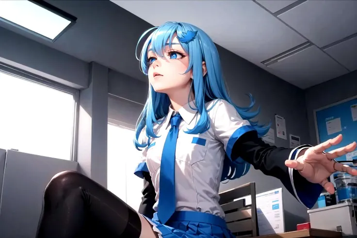 hatsune miku,White slim fit office shirt,black short skirt, black lace stockings,high heels, ankle boots, office shirt, office outfit, sitting on office chair,warm office background, smug grin, smug expression, legs crossesd, heart emojis, looking at viewer